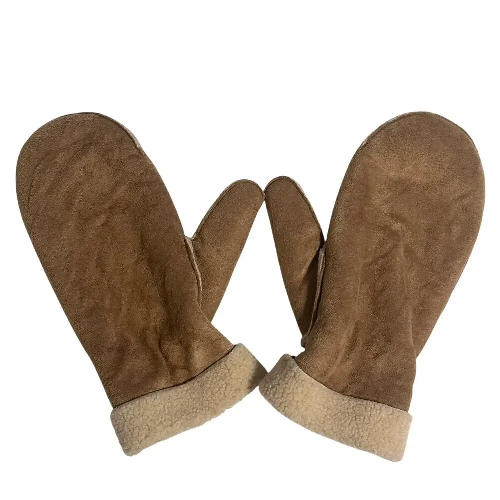9 & Co Fleece Lined Mittens Womens Large/XL Natural Faux Suede Winter Gloves